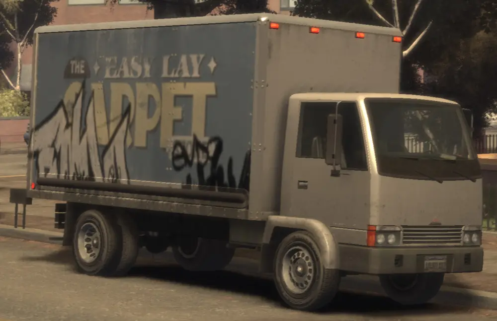 یک Mule متعلق به Easy Lay Carpet Store با گرافیتی در GTA IV.