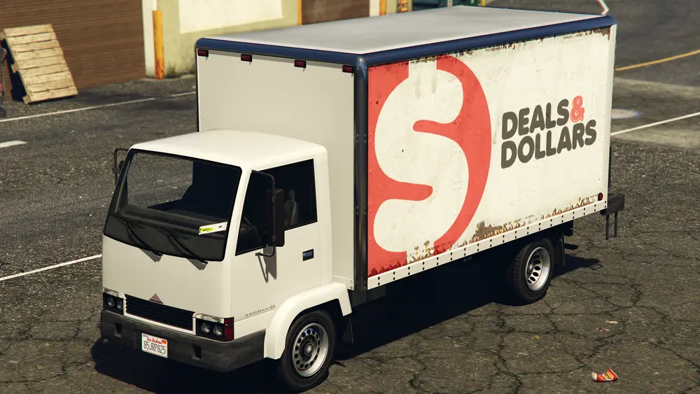 یک Mule متعلق به Deals & Dollars در GTA V. (نمای زاویه عقب)